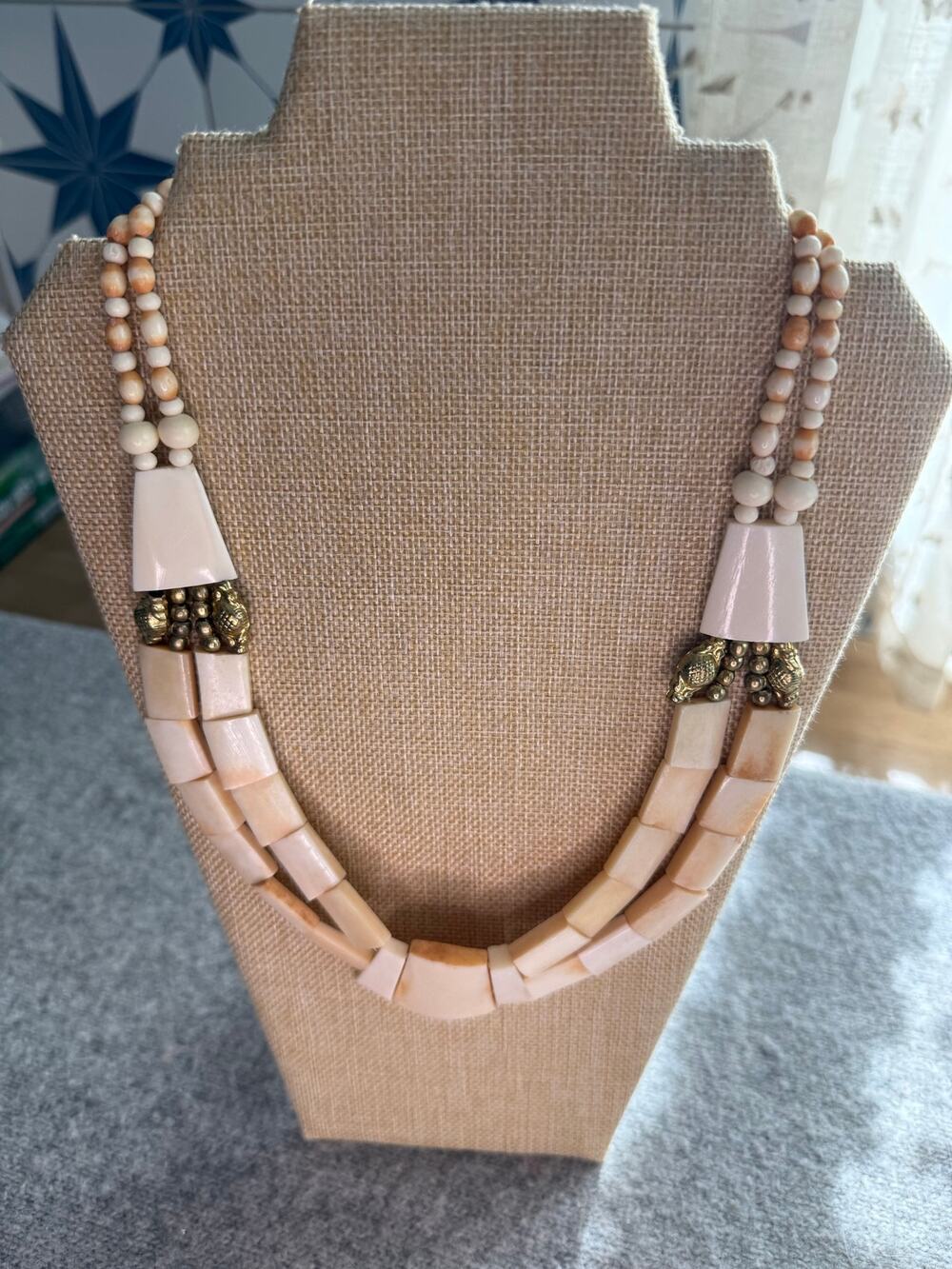 Vintage Artisan Hand Carved Double Strand Statement Necklace Decorative Brass